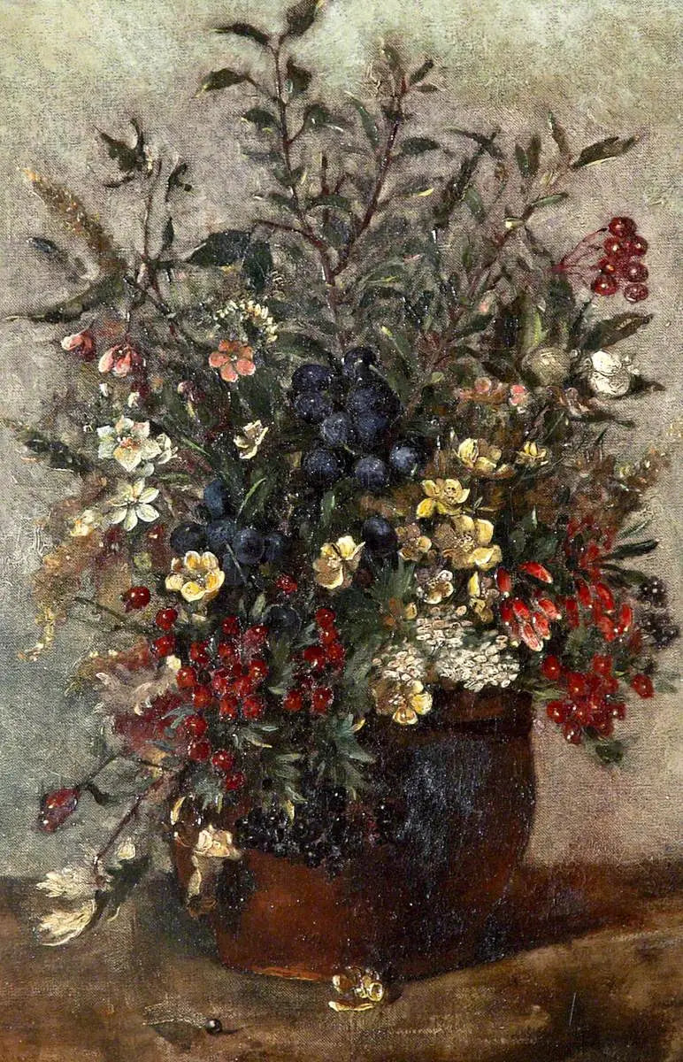 Flores do campo e bagas em um pote marrom - John Constable