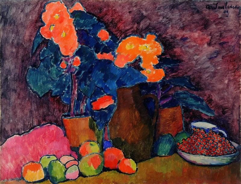 Flores, frutas e jarra - Alexej von Jawlensky