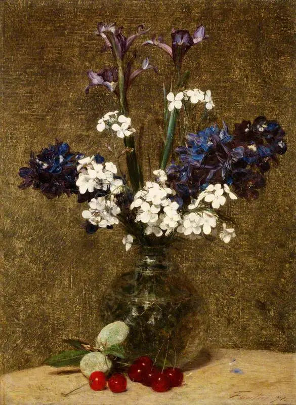 Fleurs: Iris et Jacinthes avec des cerises et des amandes sur la table - Henri Fantin-Latour - Alpha Reproduction