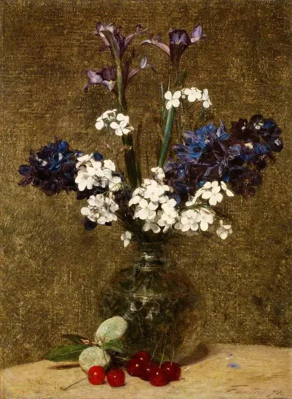 Flores: Íris e Jasmim, com cerejas e amêndoas sobre a mesa - Henri Fantin-Latour