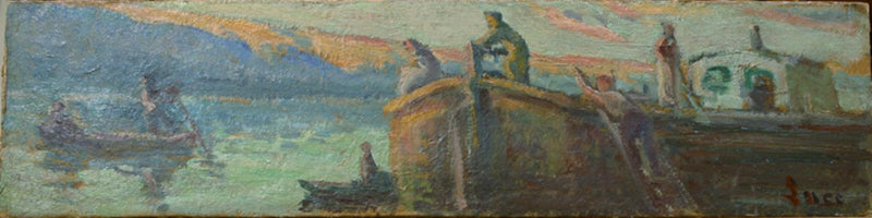 Paisagem fluvial com carrinho e bebê - Maximilien Luce