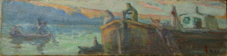 Paisagem fluvial com carrinho e bebê - Maximilien Luce