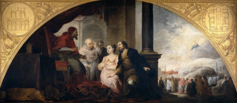 Fundação de Santa Maria Maior em Roma. O patrício conta seu sonho ao Papa. - Bartolomé Esteban Murillo