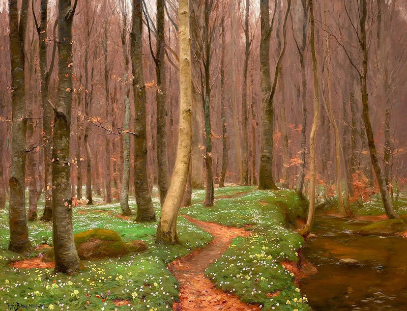 Floresta de faias com anêmonas em flor e um pequeno riacho. - H. A. Brendekilde