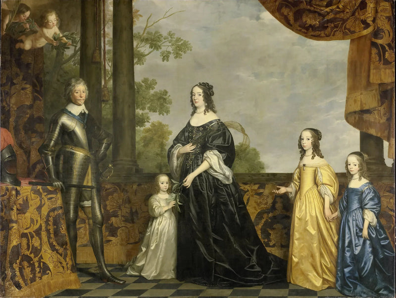 Frédéric-Henri (1584-1647), príncipe de Orange, sua esposa Amélie van Solms (1602-1675) e suas três filhas mais jovens, Albertine Agnès (1634-1696), Henriette Catharine (1637-1708) e Marie (1642-1688) - Gerrit van Honthorst