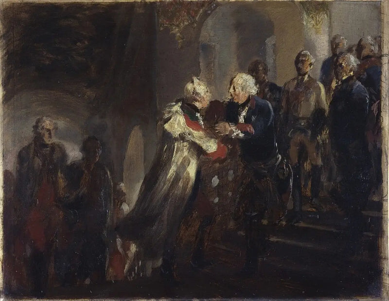 Frederico, o Grande, e o imperador Joseph II se encontram em Neisse em 1769 (Esboço) - Adolph von Menzel
