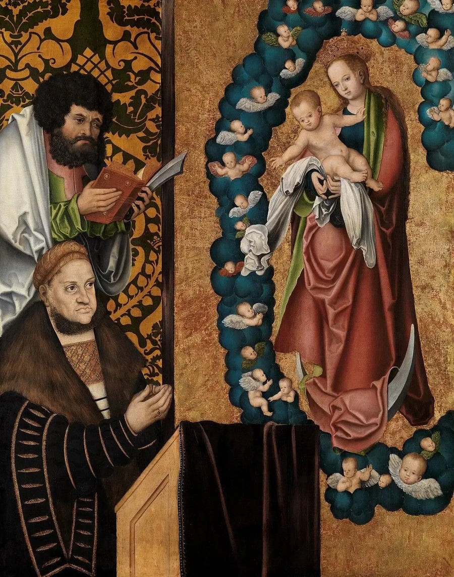 Frederico o Sábio em veneração à Mãe de Deus apocalíptica - Lucas Cranach, o Velho