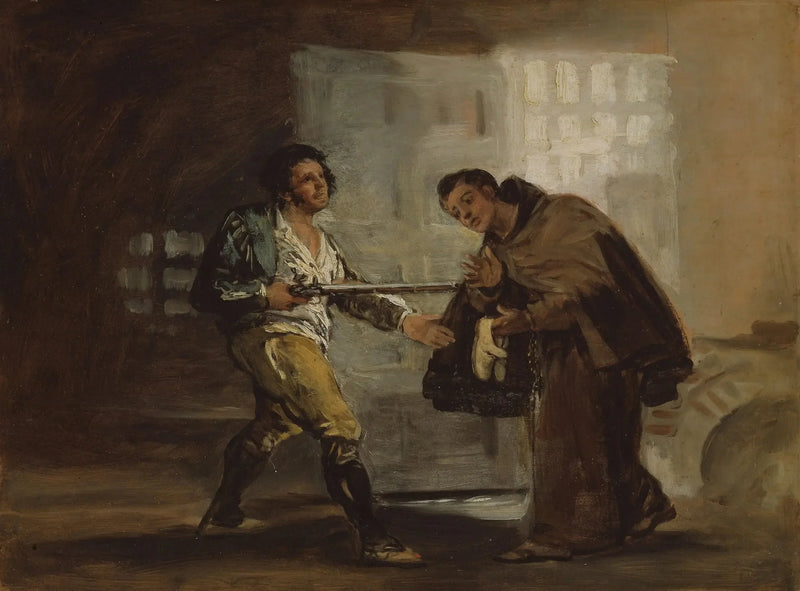 Irmão Pedro oferece sapatos a El Maragato e se prepara para guardar sua arma - Francisco de Goya