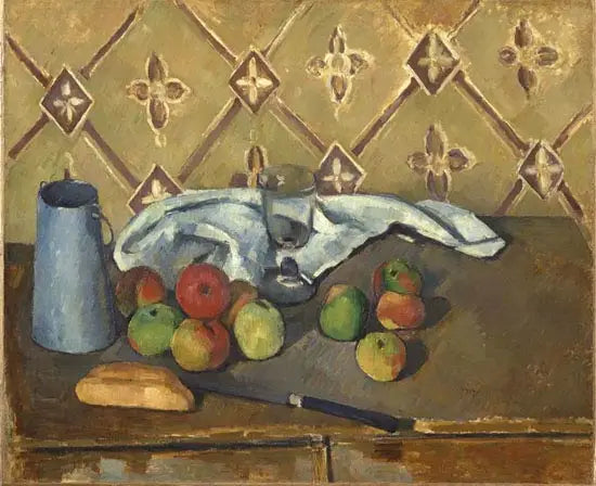 Frutas, guardanapo e caixa de leite - Paul Cézanne