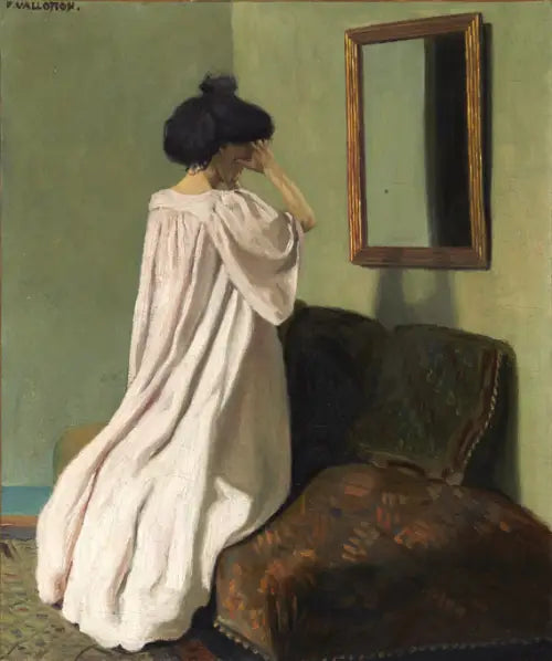 Gabrielle Vallotton ajoelhada diante de um espelho no sofá do ateliê da rua das Belles-Feuilles - Félix Vallotton