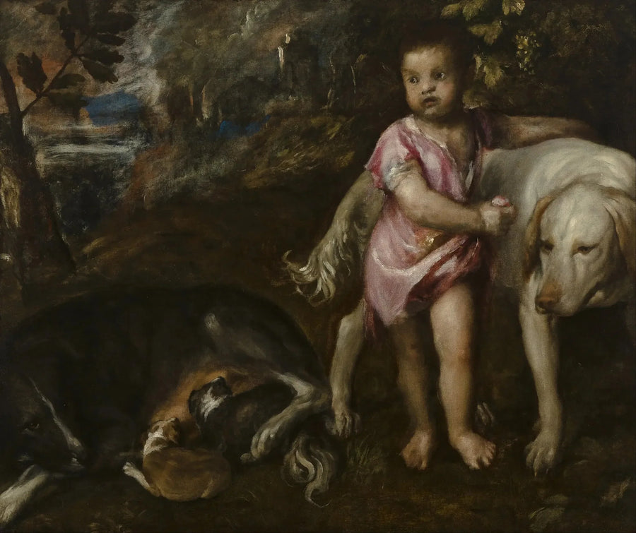 Menino com cães em uma paisagem - Titian