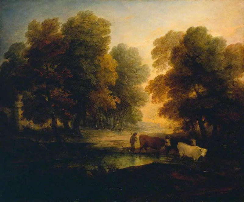 Menino conduzindo vacas perto de uma piscina - Thomas Gainsborough