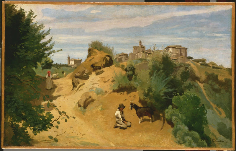 Genzano, pastor com vista para uma aldeia - Jean-Baptiste Camille Corot