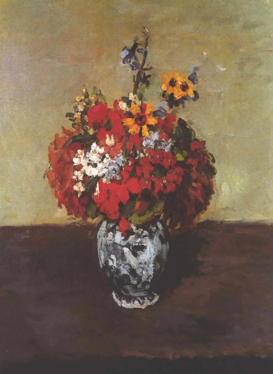 Gerânios e dedaleiras em um pequeno vaso de Delft - Paul Cézanne