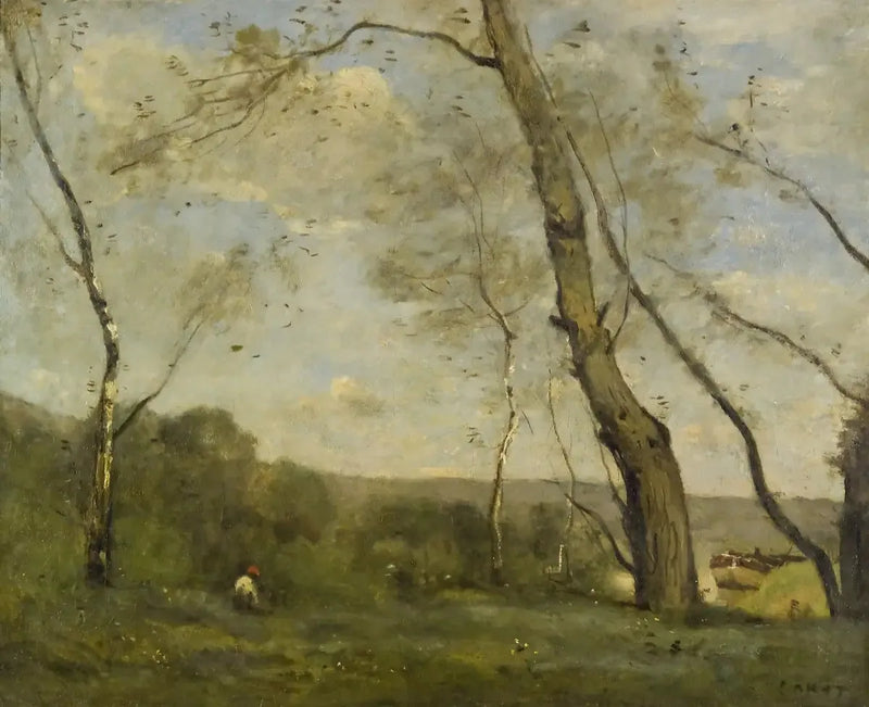 Grandes árvores dominando a margem de um rio - Jean-Baptiste Camille Corot