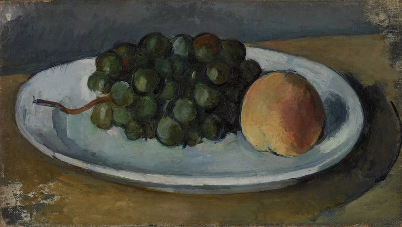 Cacho de uvas e pêssego em um prato - Paul Cézanne