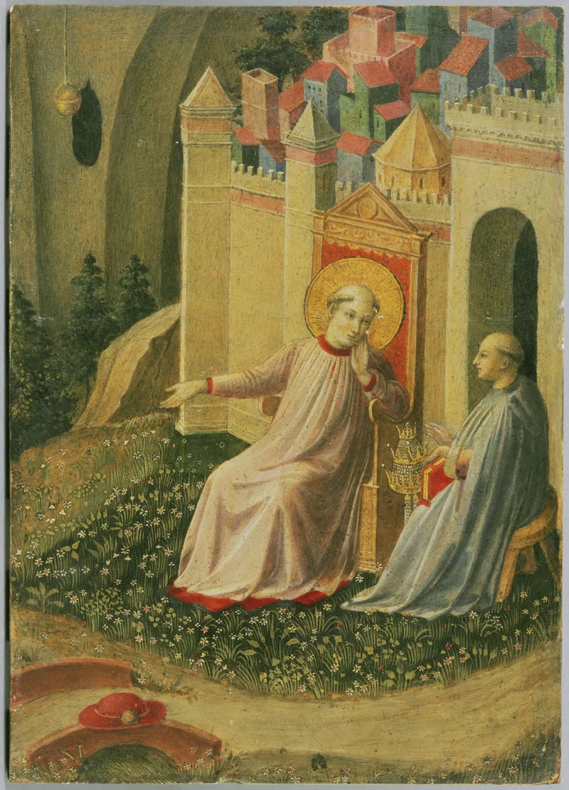 Gregório Magno recusando a tiara papal, trecho de um painel recortado representando cenas da Tebas - Fra Angelico
