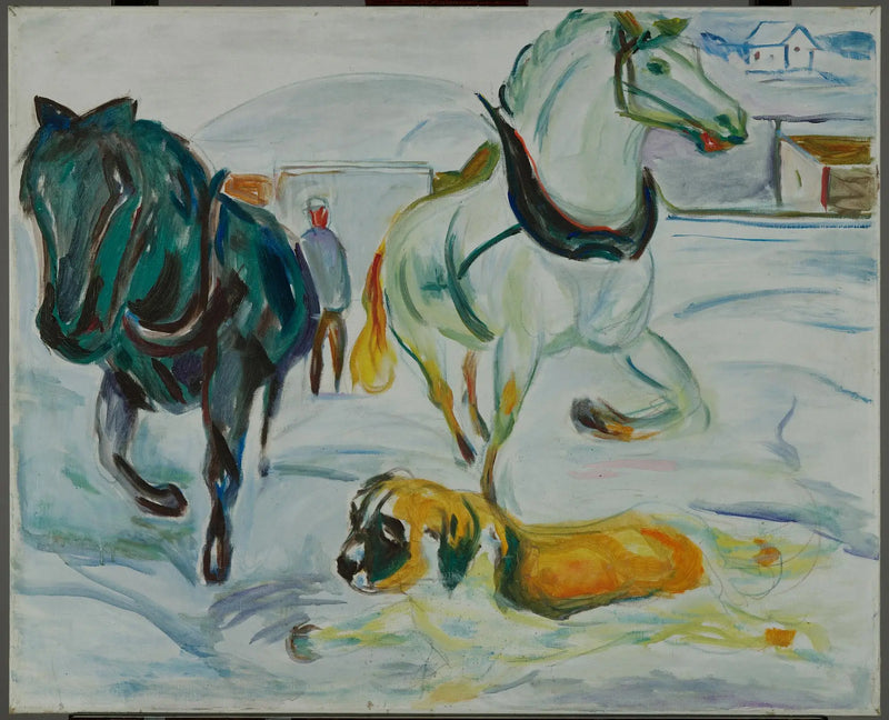 Grupo de cavalos e São Bernardo na neve - Edvard Munch