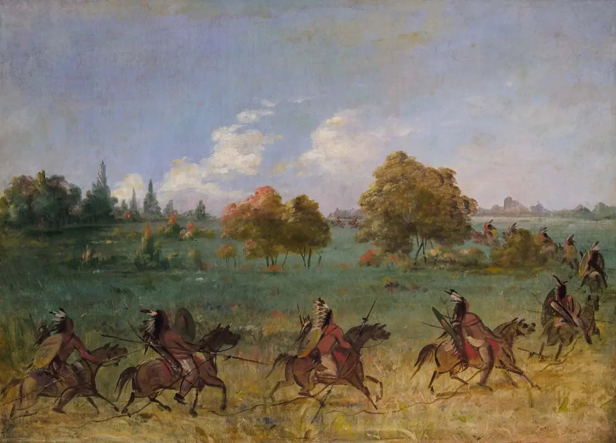 Grupo de guerra comanche em marcha, totalmente equipado - George Catlin