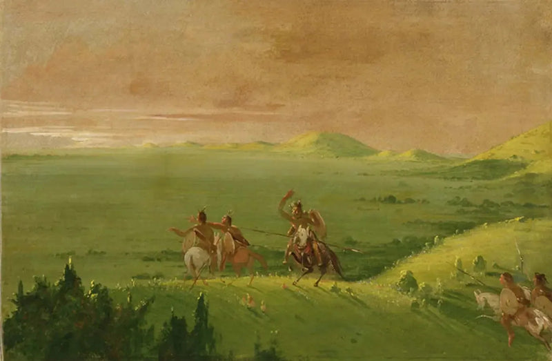 Grupo de guerra comanche, o chefe descobre o inimigo e exorta seus homens ao amanhecer - George Catlin