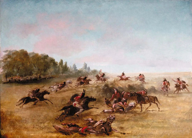 Grupo de guerra montado atravessando um matagal - George Catlin