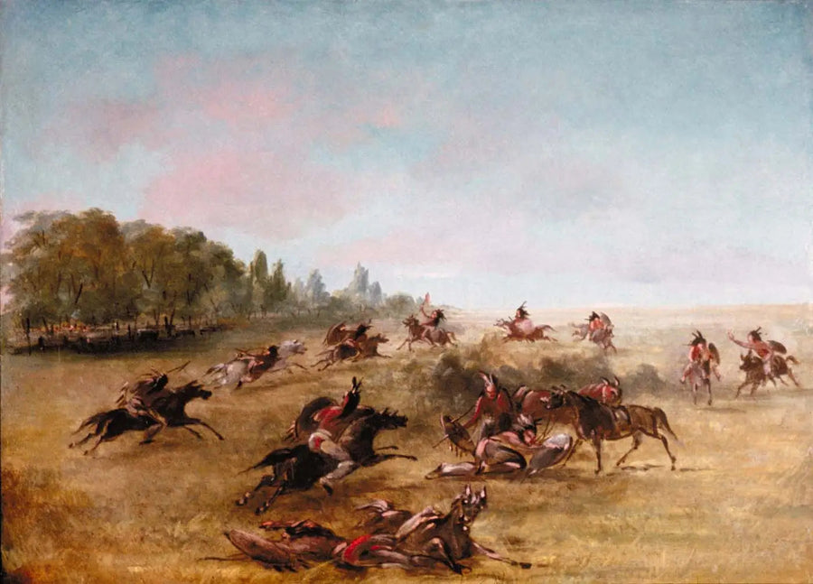 Grupo de guerra montado atravessando um matagal - George Catlin