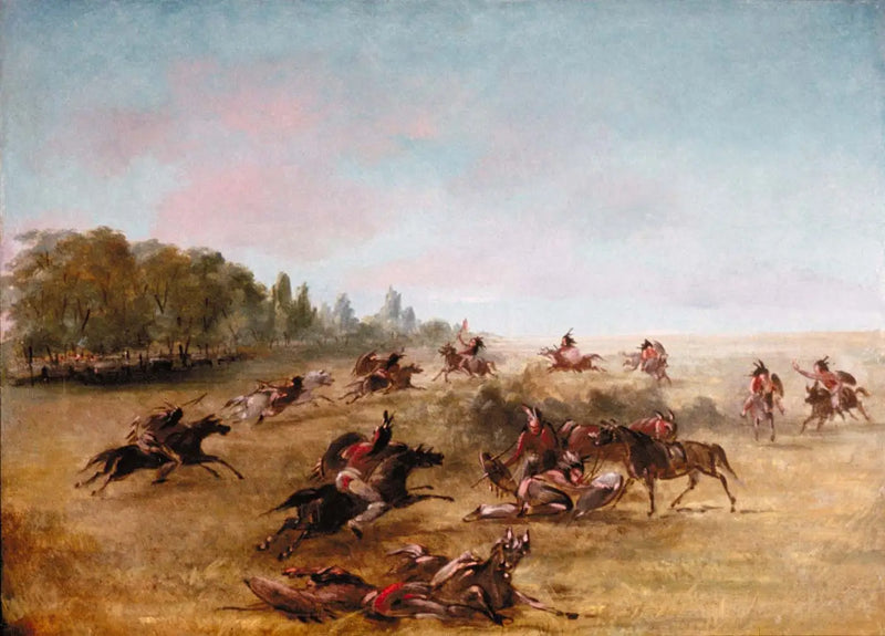 Grupo de guerra montado atravessando um matagal - George Catlin
