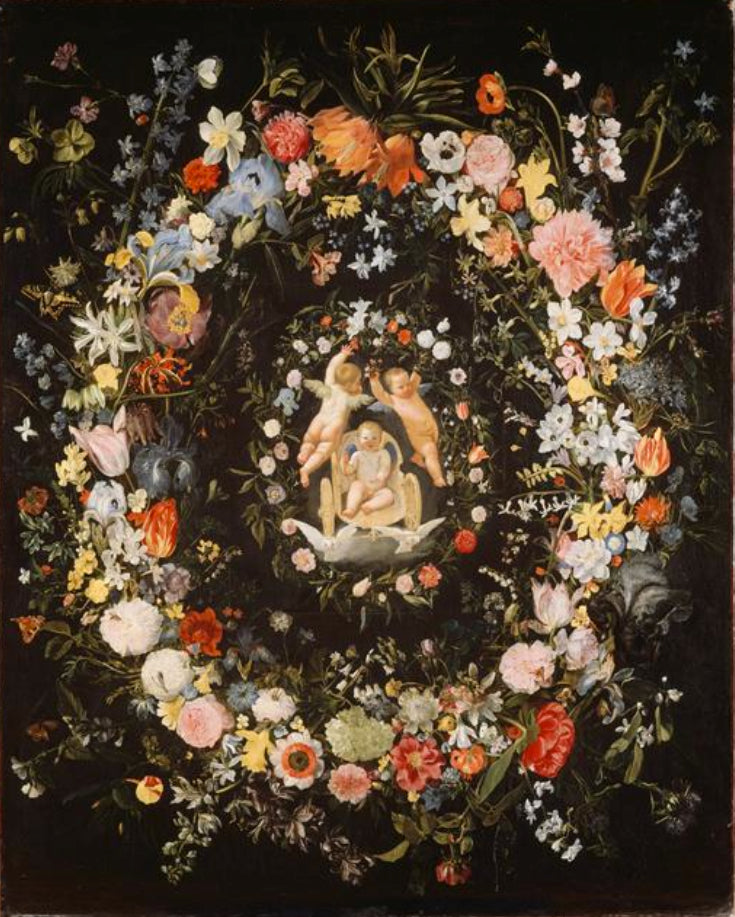 Guirlanda de flores envolvendo um medalhão que representa o triunfo do amor - Domenichino