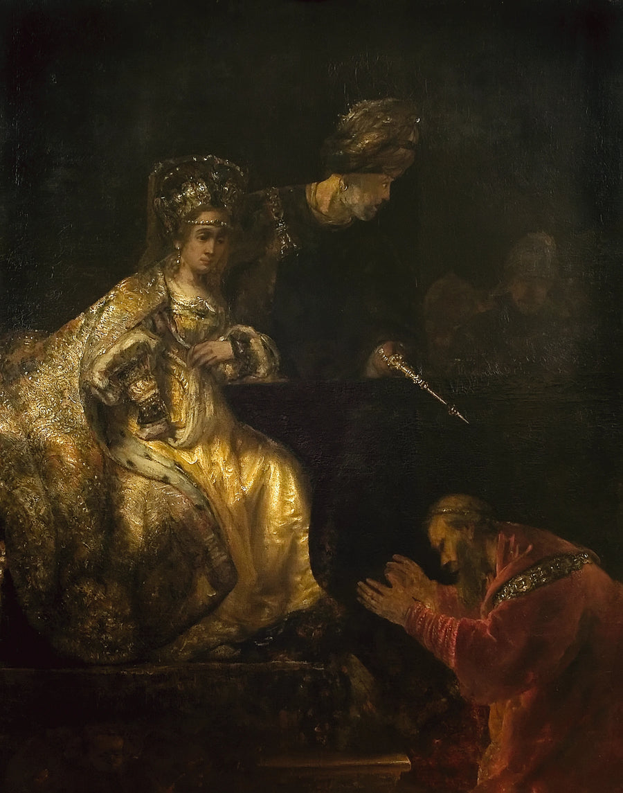 Haman suplica a Esther que lhe dê a vida salva - Rembrandt