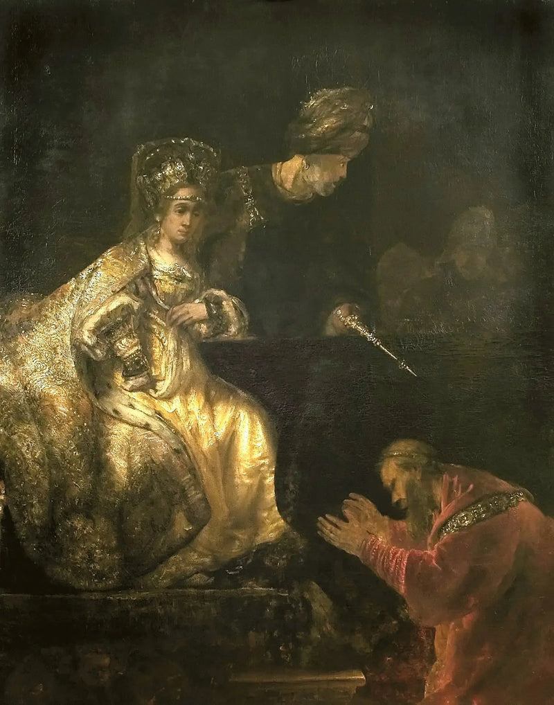 Haman suplica a Esther que lhe dê a vida salva - Rembrandt