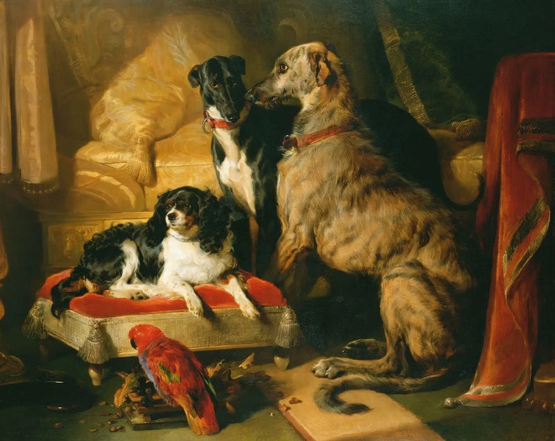 Hector, Néron e Dash com o papagaio, Lory - Edwin Henry Landseer
