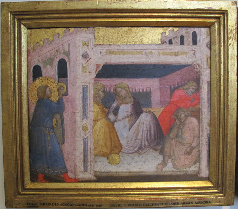 Histórias de São Nicolau. São Nicolau oferece presentes a três meninas da piscina. - Agnolo Gaddi