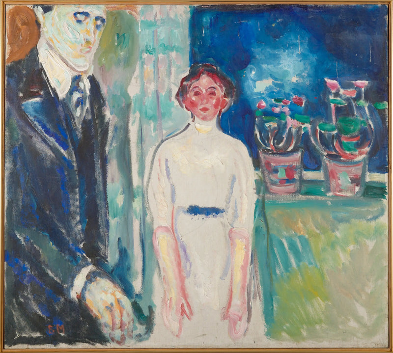 Homem e Mulher perto da janela com plantas em vaso - Edvard Munch