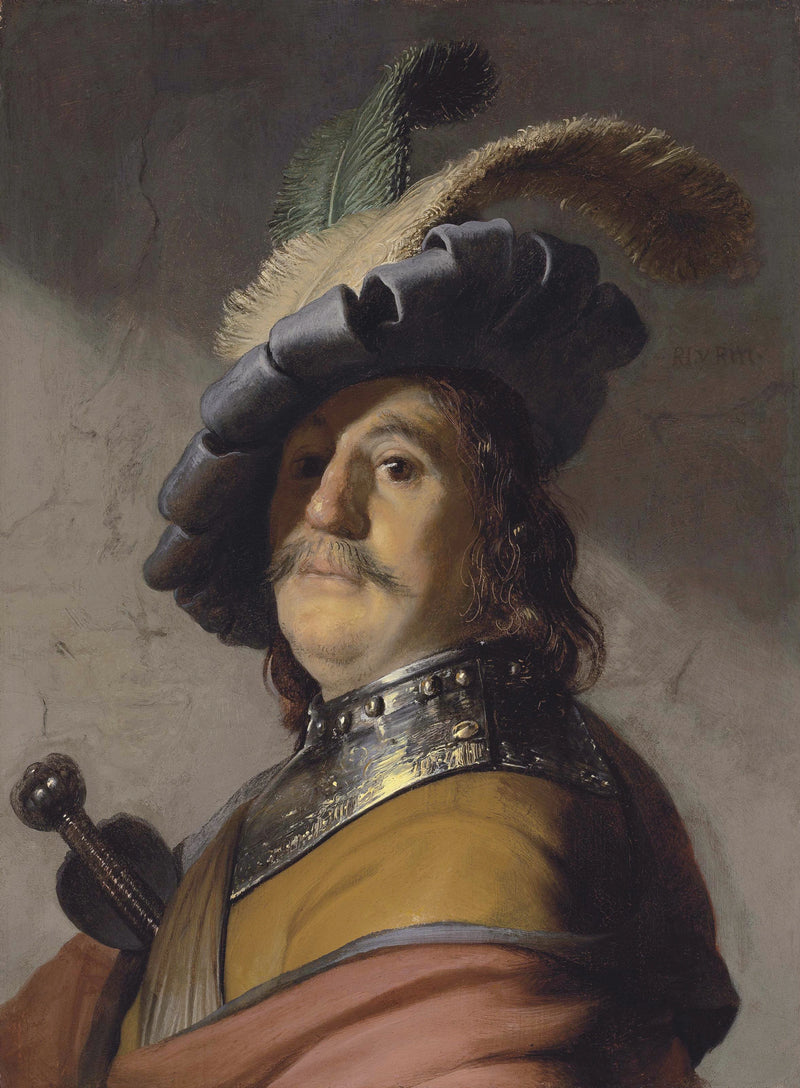 Busto de um homem usando um gorgerin e um boné de penas - Rembrandt