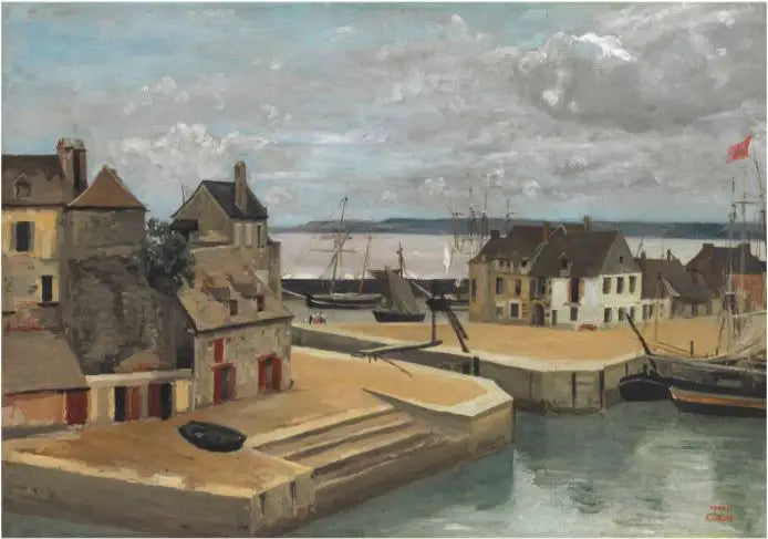Honfleur, Casas às margens do rio - Jean-Baptiste Camille Corot
