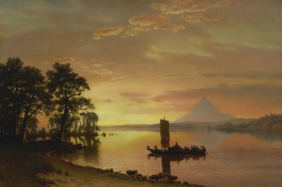 Índios atravessando o rio Columbia [com o Monte Hood ao longe] - Albert Bierstadt
