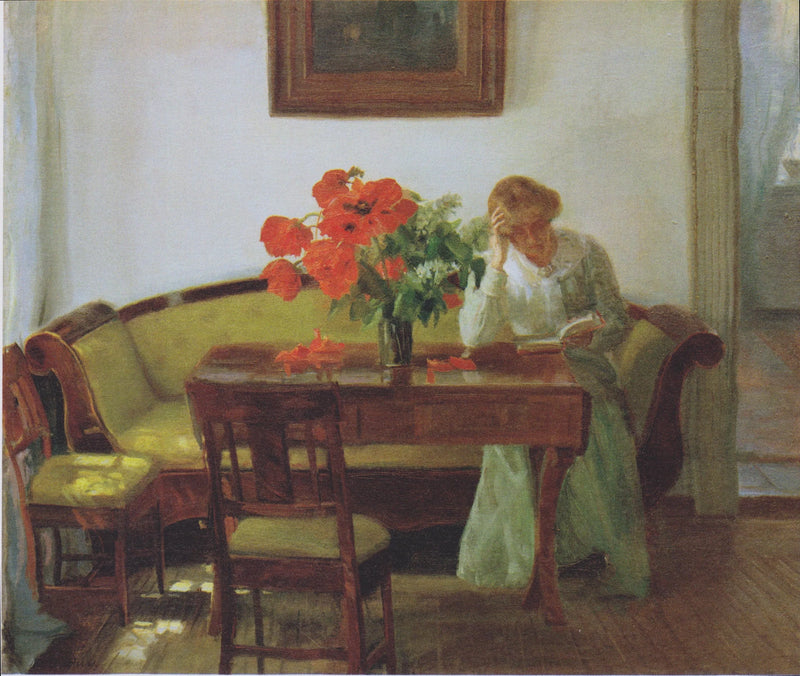 Interior com papoulas e uma mulher lendo (Lizzy Hohlenberg) - Anna Ancher