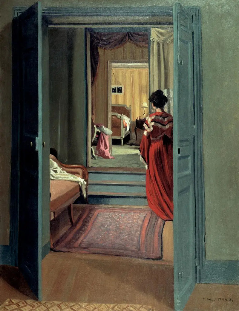 Interior com mulher de vestido vermelho vista de costas - Félix Vallotton