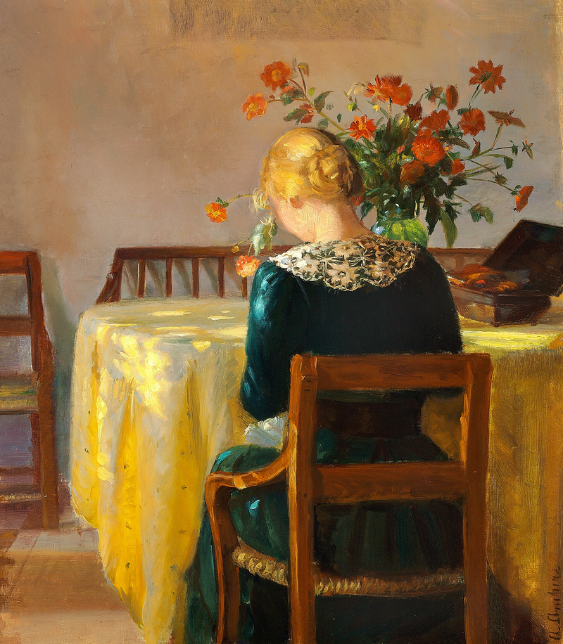 Interior com Helga, a filha do pintor, costurando - Anna Ancher