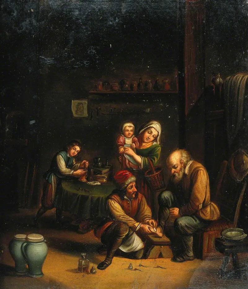 Interior com um cirurgião cuidando do pé de um homem e três outras personagens - David Teniers Júnior