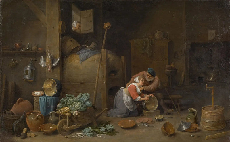 Interior com um idoso acariciando uma empregada doméstica - David Teniers o Jovem