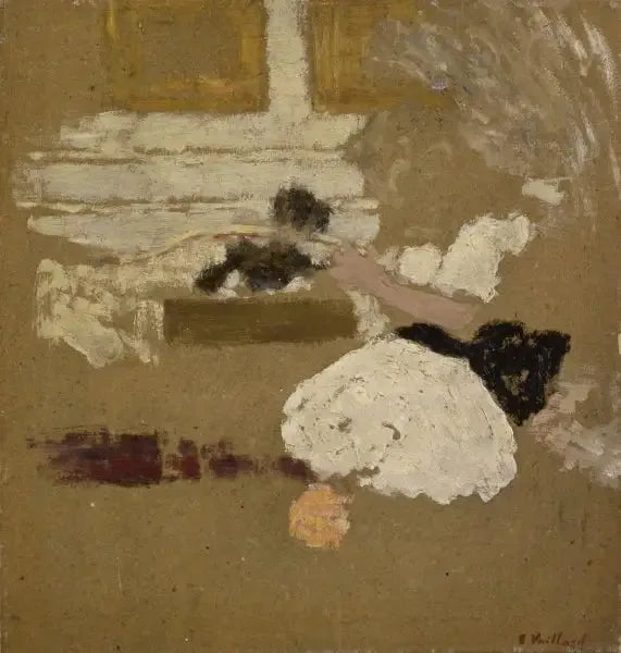 Interior com uma menina lendo e uma mulher de preto escrevendo - Édouard Vuillard