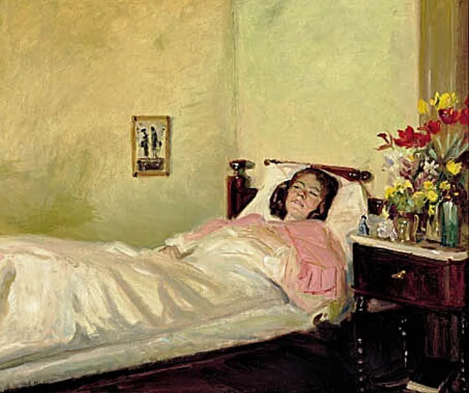 Intérieur avec une jeune femme allongée dans un lit. - Michael Peter Ancher