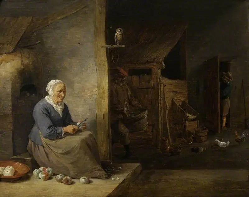Interior, com uma idosa descascando maçãs - David Teniers Júnior