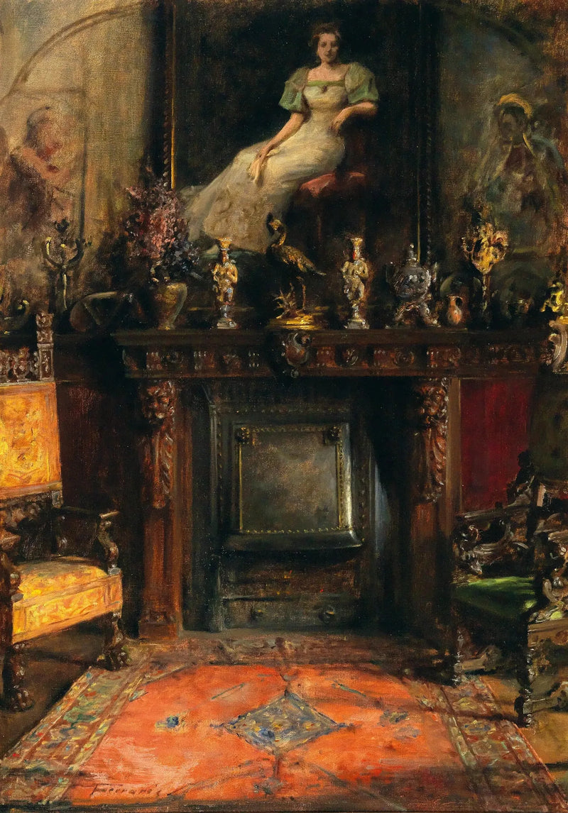 Interior com vista para uma lareira e uma pintura - Artur Ferraris