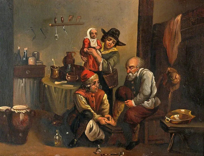 Interior de um consultório médico com um cirurgião cuidando do pé de um homem, e uma mulher e uma criança assistindo - David Teniers Júnior