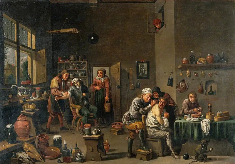 Interior de um consultório médico com dois operadores - David Teniers, o Jovem