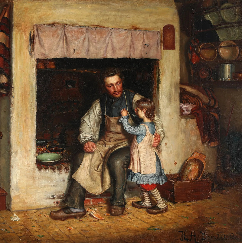 Interior de uma cozinha com uma menina e um homem. - H. A. Brendekilde