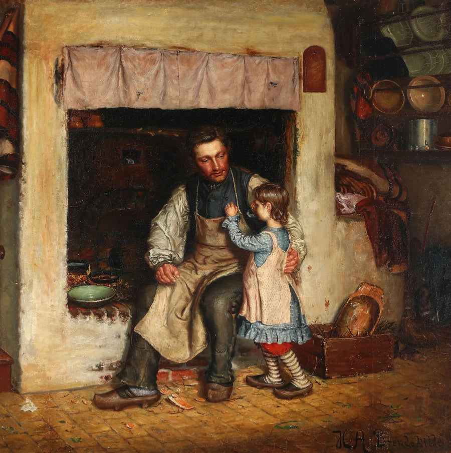 Interior de uma cozinha com uma menina e um homem. - H. A. Brendekilde