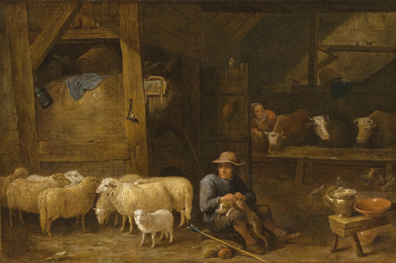 Interior de um celeiro com um pastor e seu rebanho - David Teniers Júnior